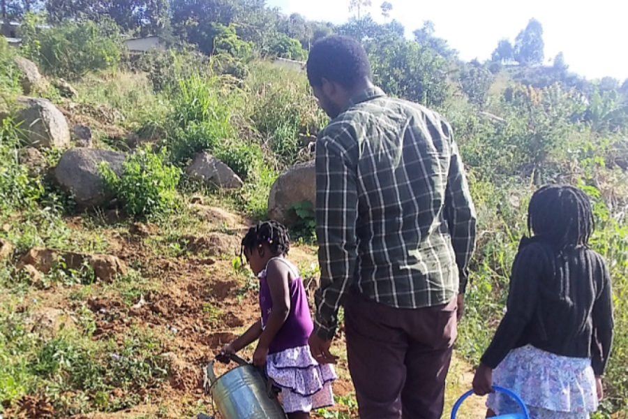 Five-year-old Mathando and nine-year-old Maziko watering vegetables with their father